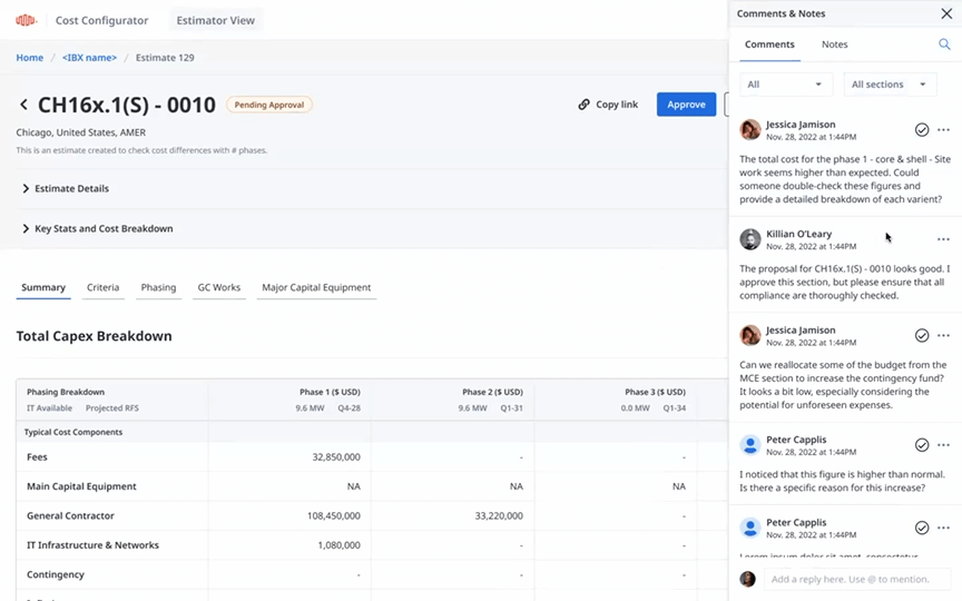 Final comments panel interaction in Cost Configurator