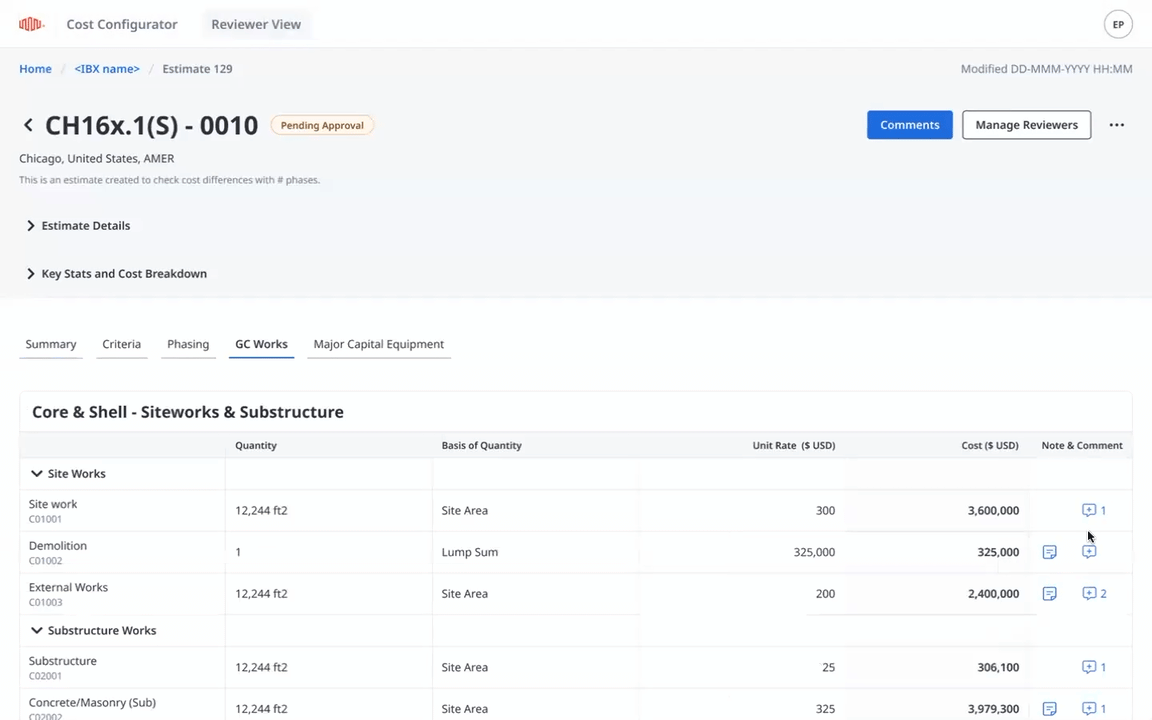 Row-level comments interaction in Cost Configurator