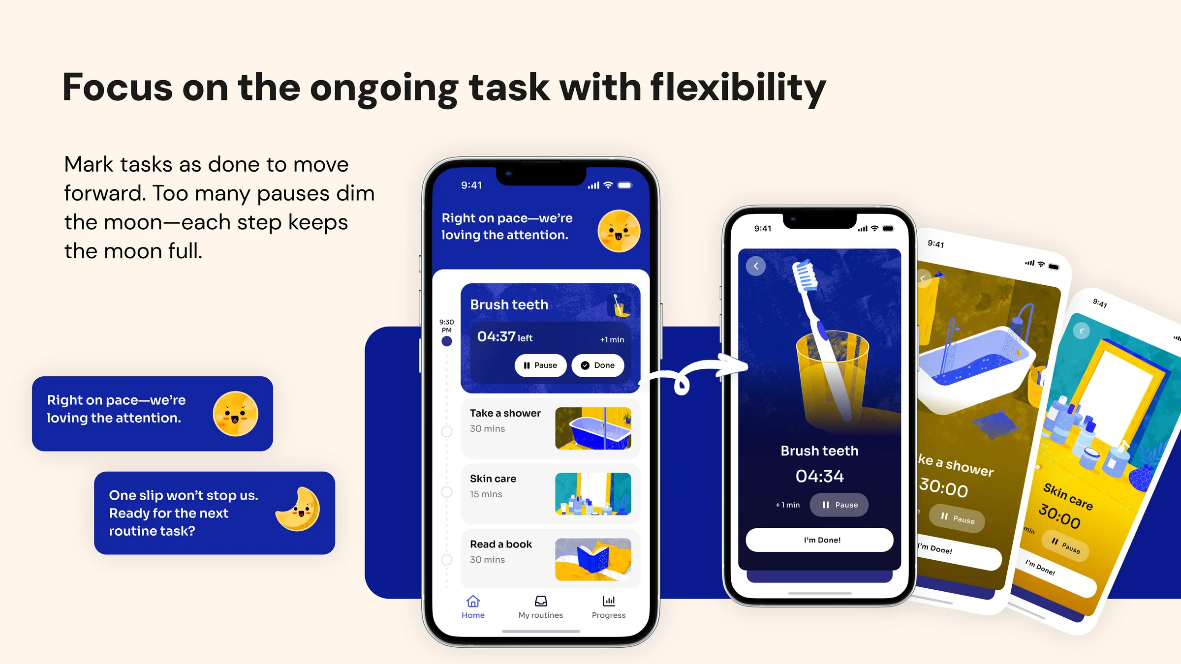 Moonu active bedtime task flow with flexible pacing