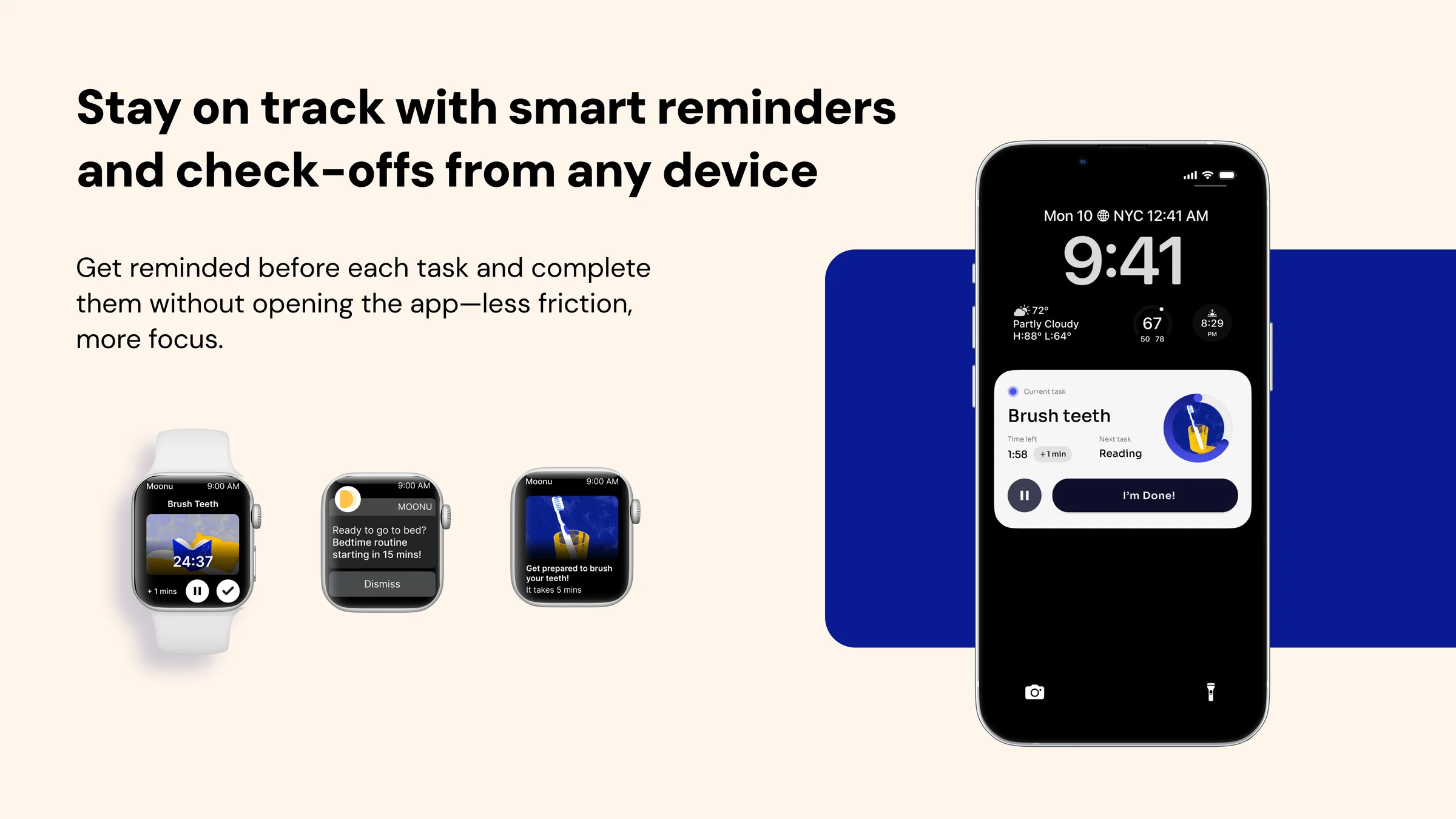 Moonu smart reminders on watch and phone