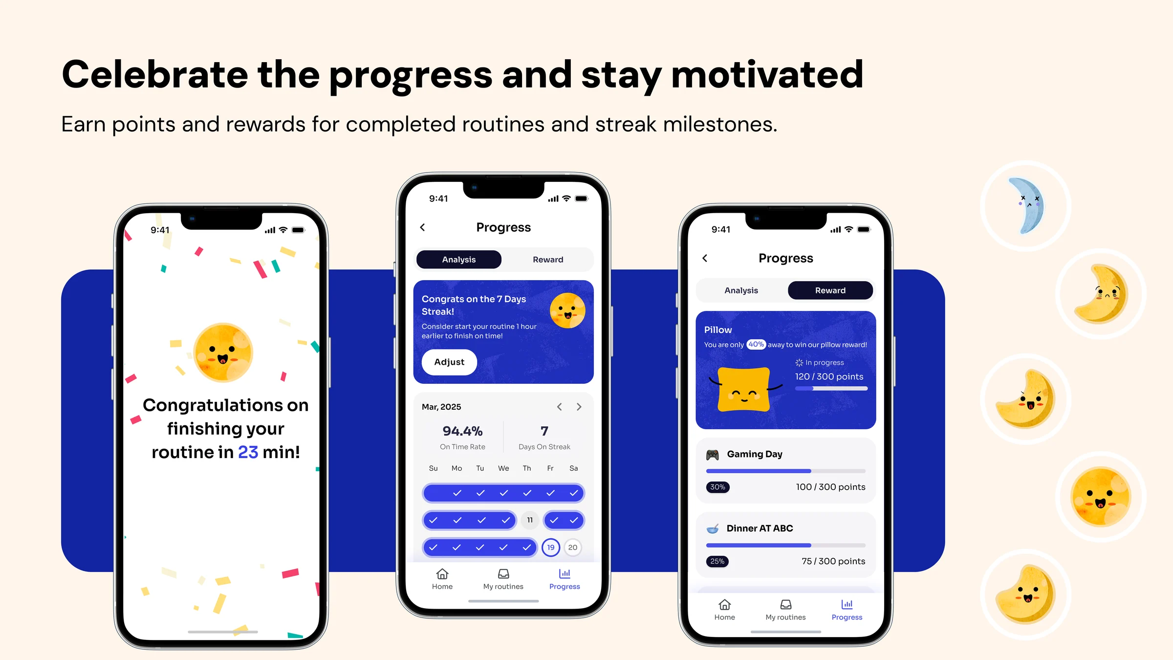Moonu progress and reward screens